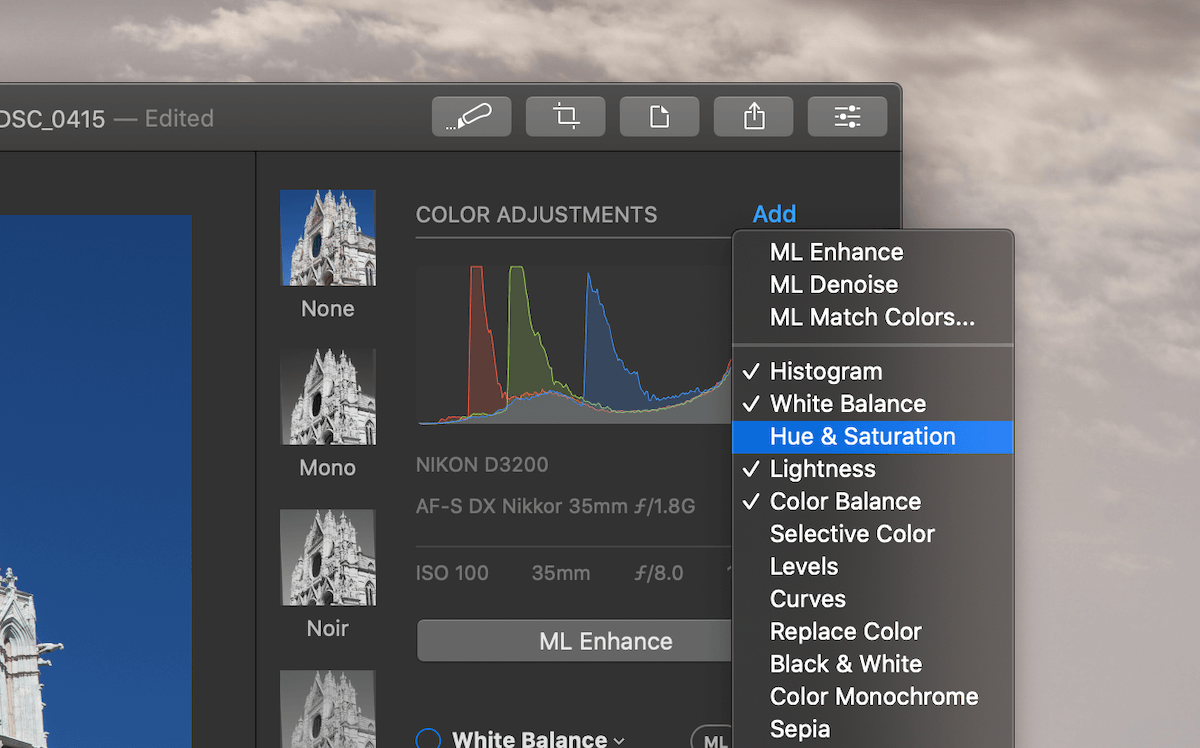 Adding a new colour adjustment in Pixelmator Pro.