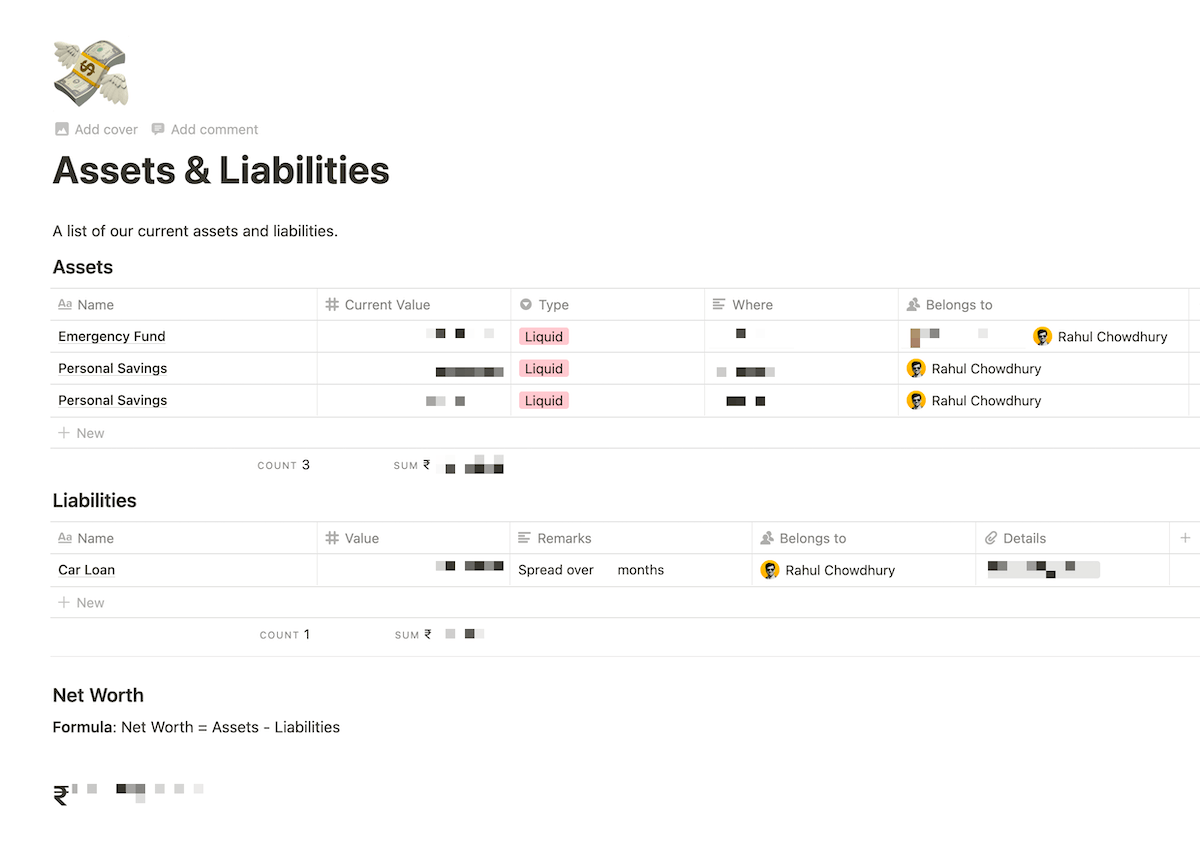 My assets and liabilities page in Notion.