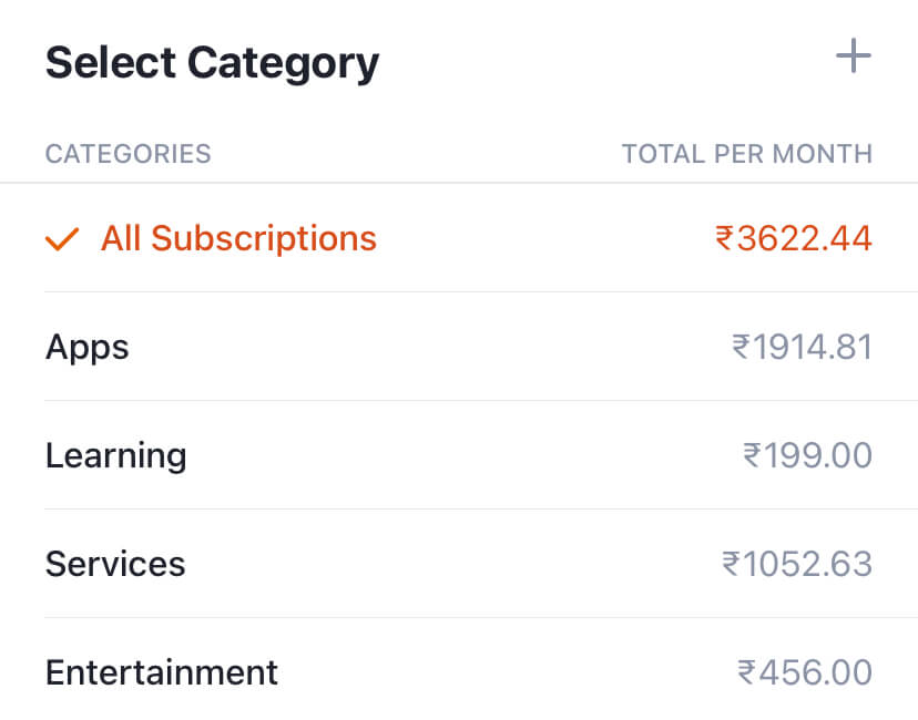 Viewing subscription costs by category in the Bobby app.