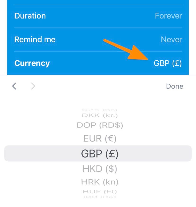 Choose a currency for a new subscription in the Bobby app.