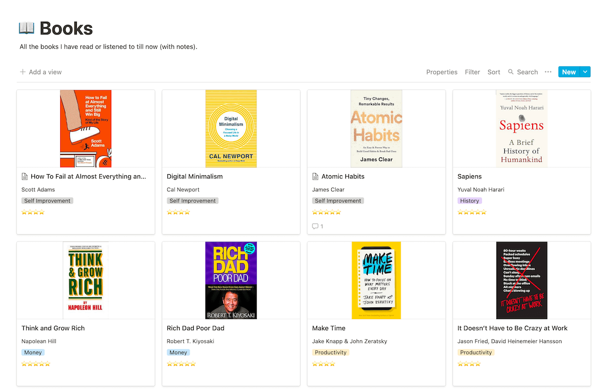 A digital book library made with Notion.