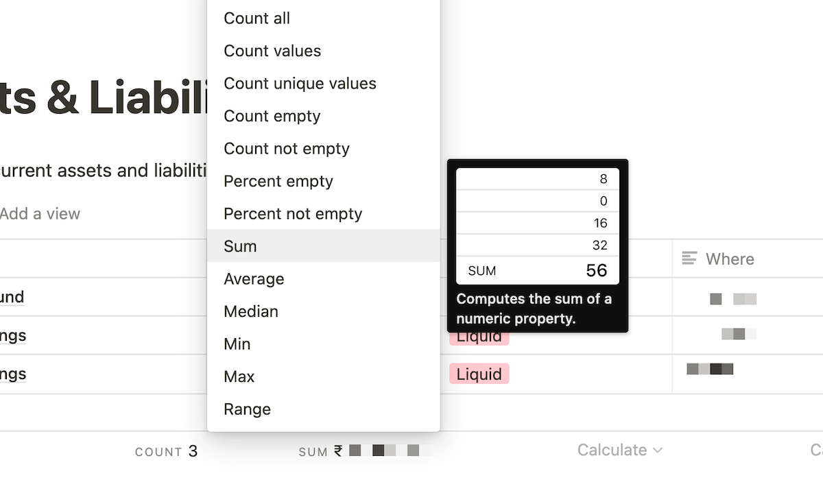 Calculating the total value of my assets in Notion.