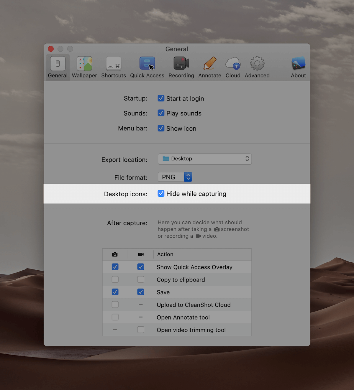Hiding desktop icons with Cleanshot X