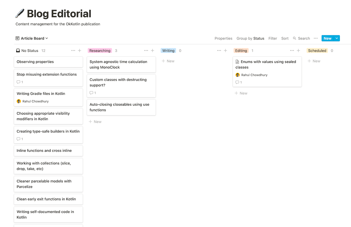 The content board for OkKotlin in Notion.