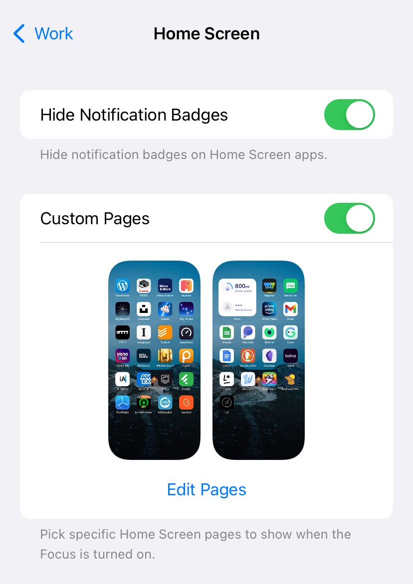 Configuring selected home screen pages for the Work Focus mode.