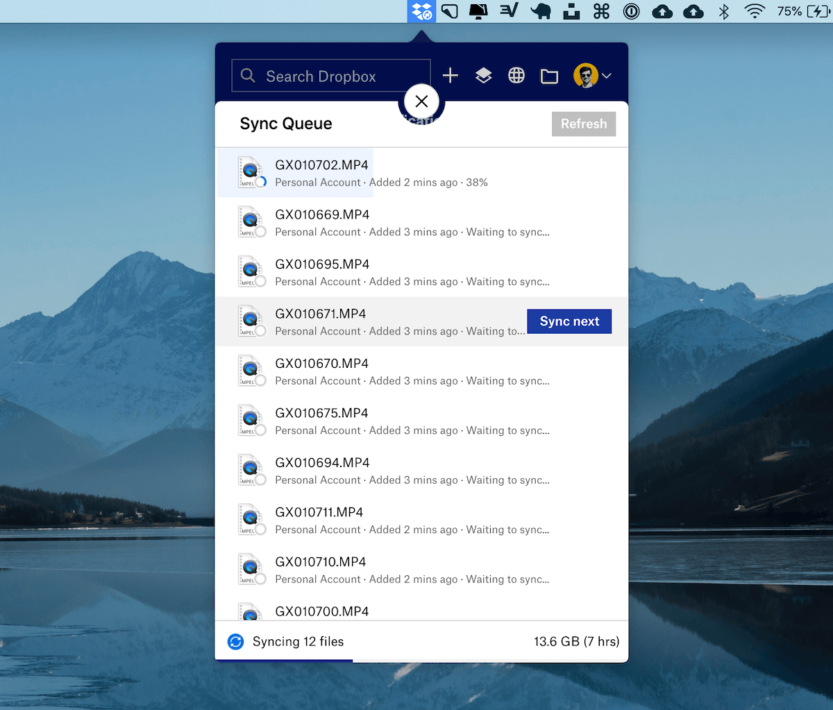 Choosing what to sync next in the Dropbox app.