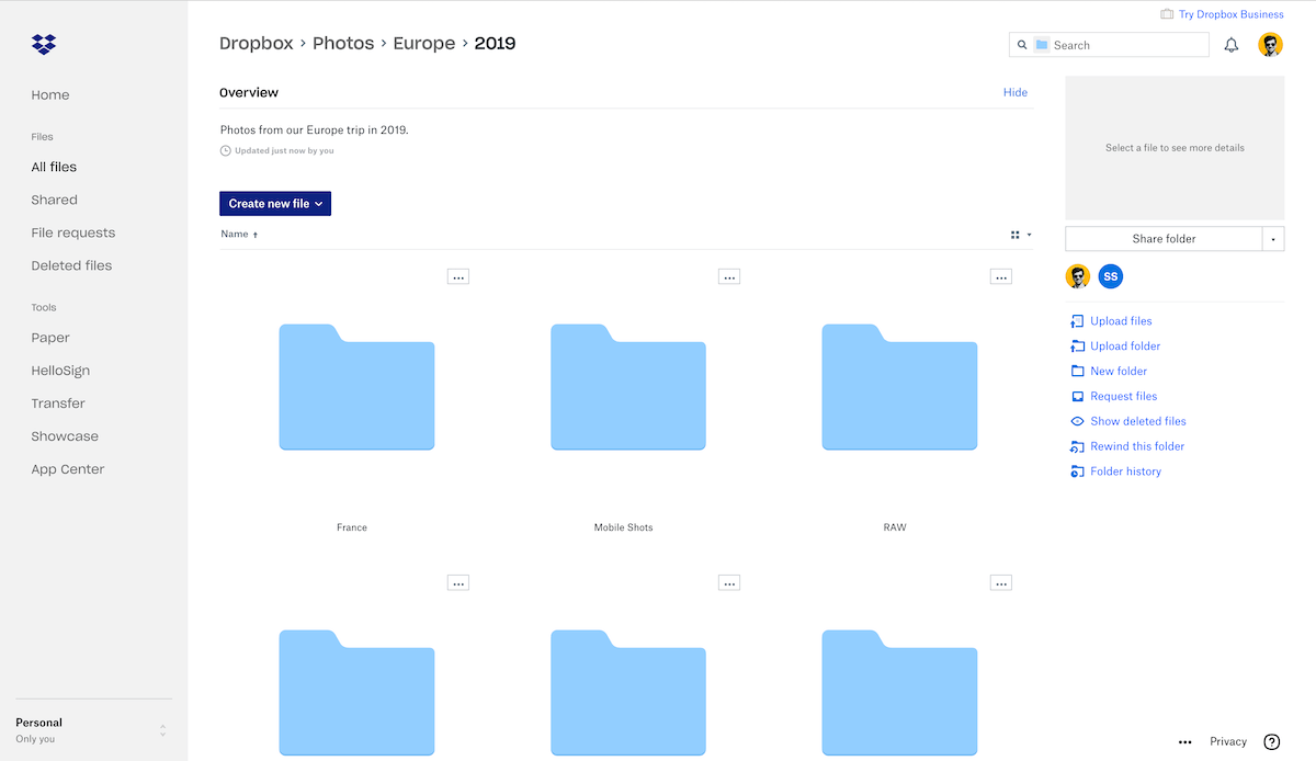 Dropbox's web app.