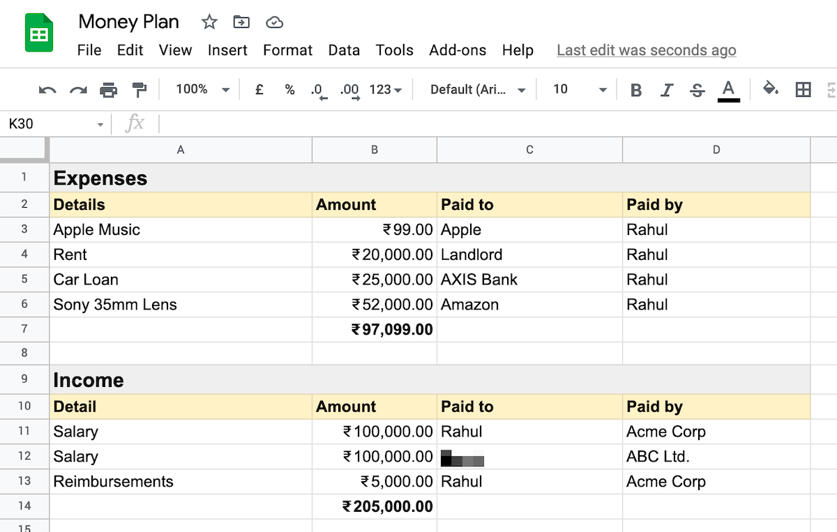 An expense and an income table in Google Sheets.
