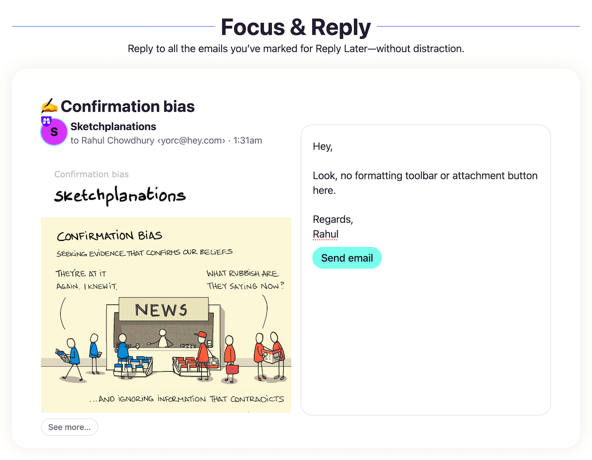 No formatting or attachment options in Focus and Reply mode.