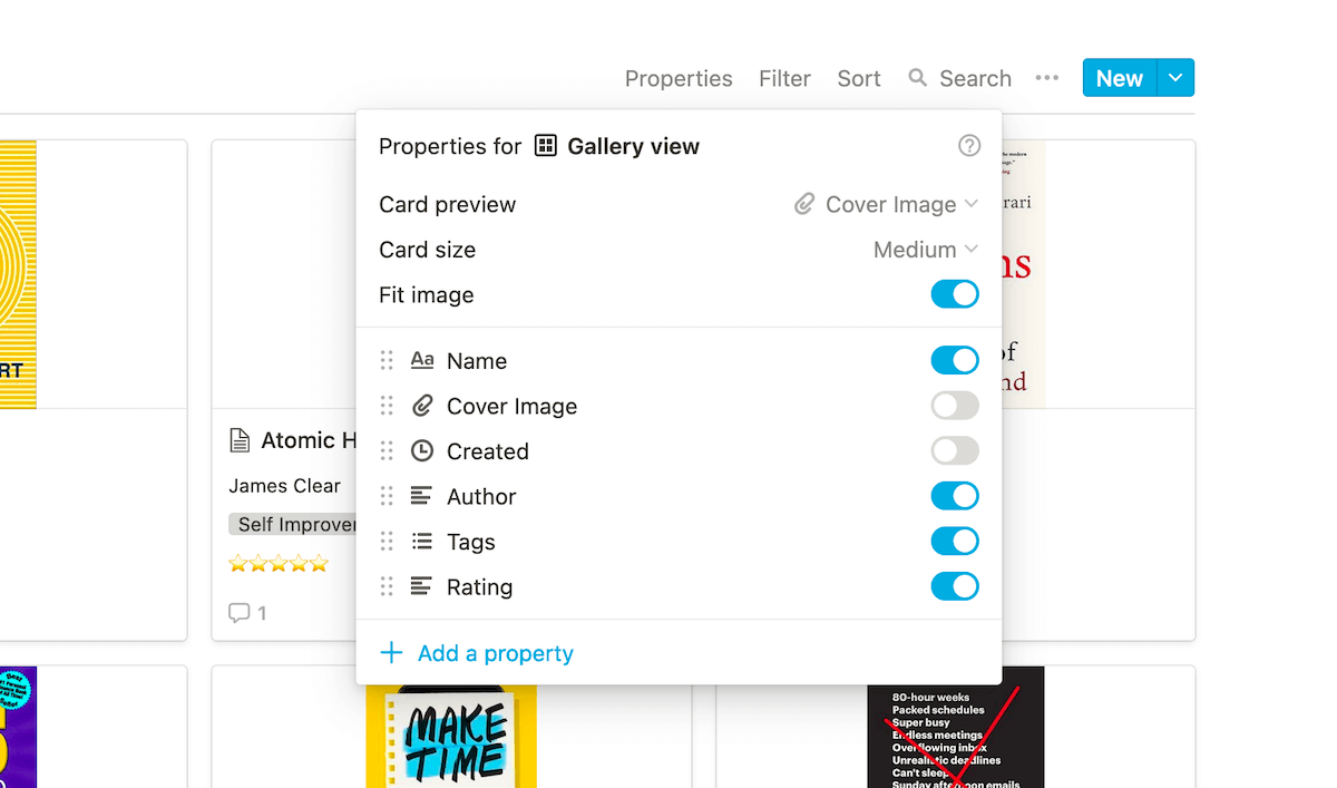 Configuring preview options for a gallery in Notion.