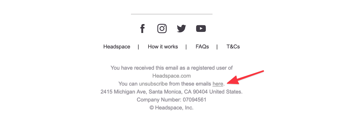 The unsubscribe link at the bottom of Headspace's email.