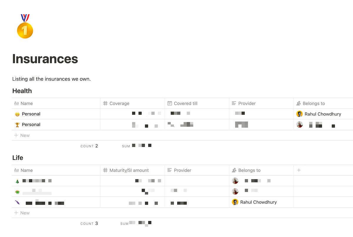 Insurance listings in a Notion page.