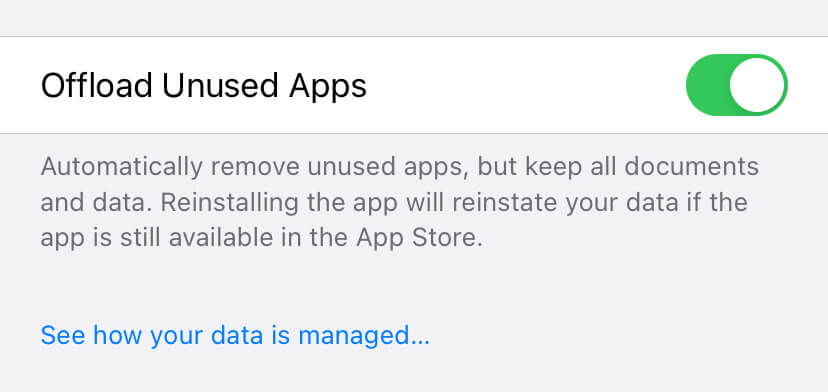 Turning on app offloading in iOS.