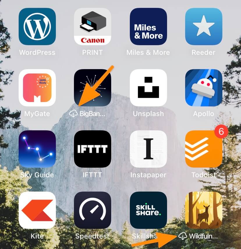 Offloaded apps on the iOS home screen.