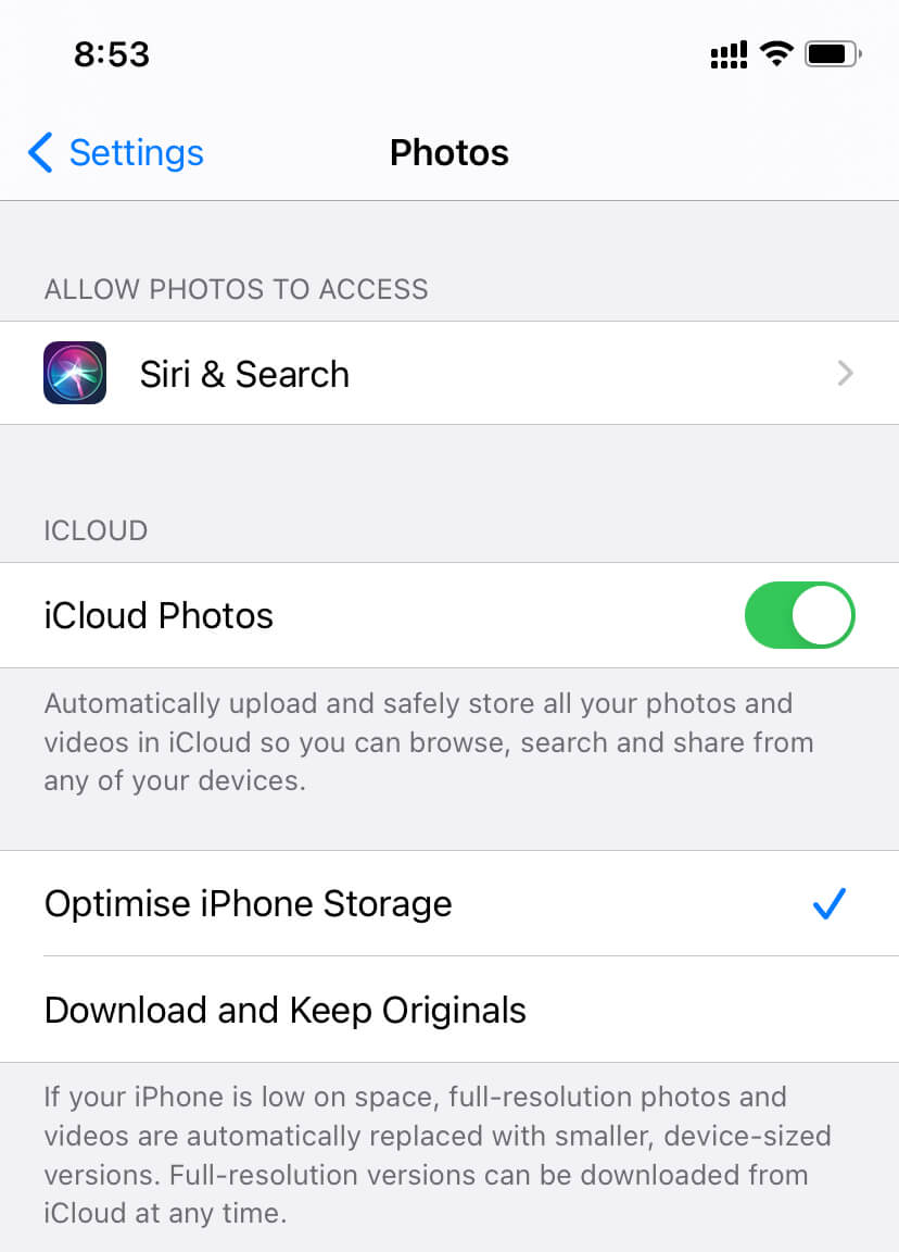 Optimise iPhone storage for the Photos app.