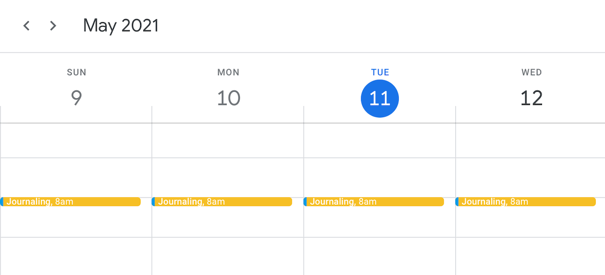 Daily time blocks in my calendar for journaling.