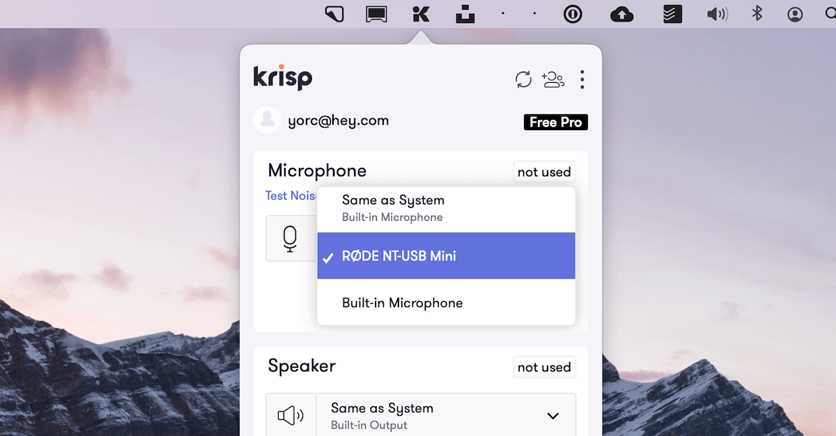 Choose your input mic from the Krisp menu bar app.
