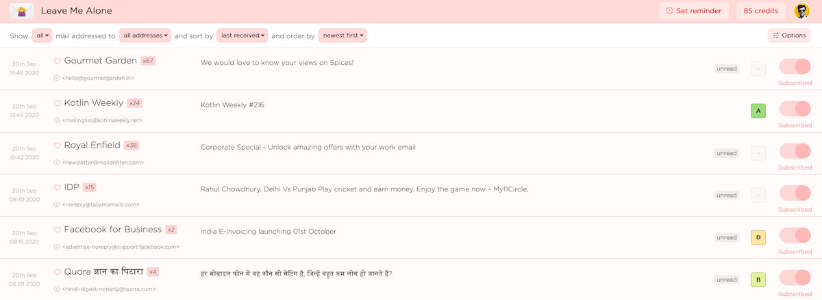 A list of emails I can unsubscribe from in the LeaveMeAlone app.