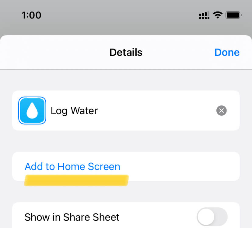 Adding the shortcut to the home screen from the shortcut settings.