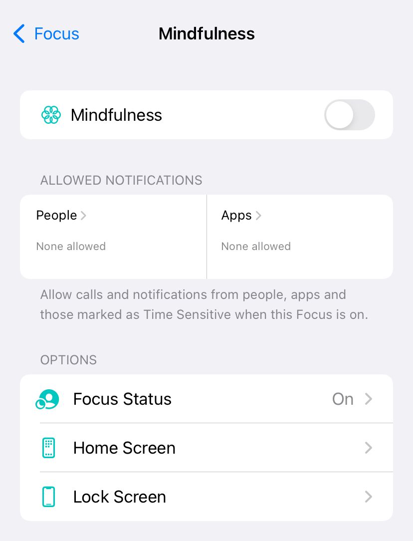 Configuration for the Mindfulness Focus mode.