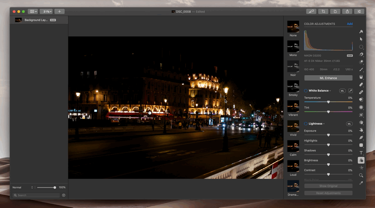 Using the ML Enhance feature in Pixelmator Pro.