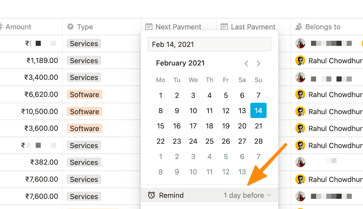 Setting up a reminder in Notion.