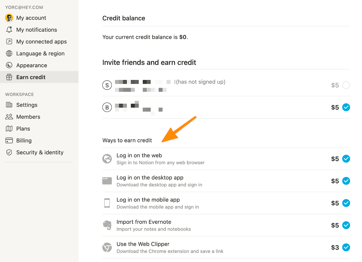 Earning credits in Notion.
