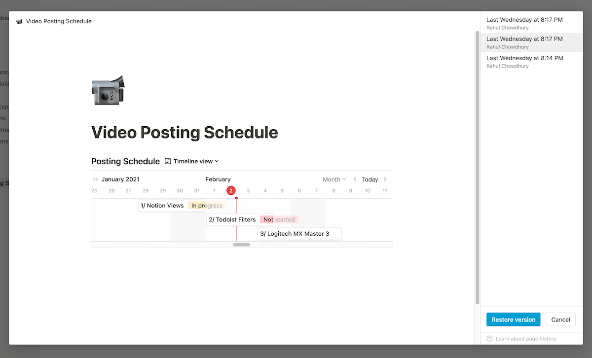 Restore a page to a previous version in Notion.