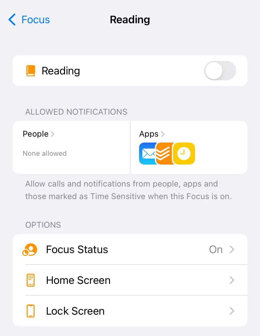 Configuration for the Reading Focus mode.