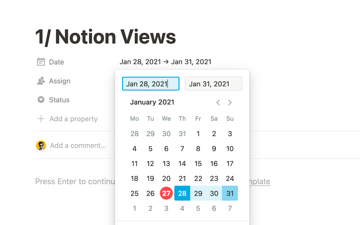 Selecting a date range for a timeline element in Notion.