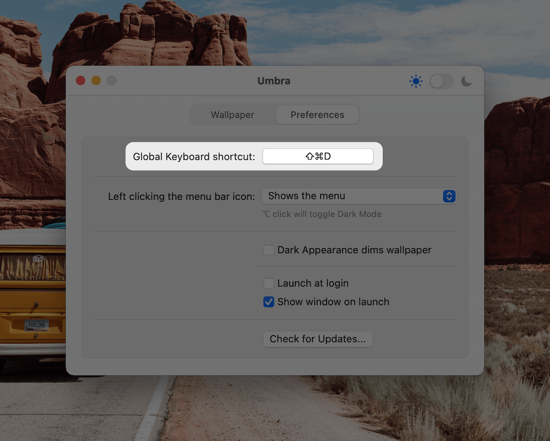 Setting a global keyboard shortcut for toggling between light and dark mode.