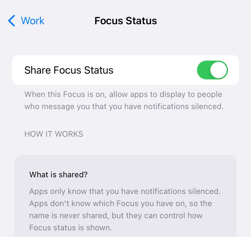 Turning on Focus Status for the Work Focus mode.