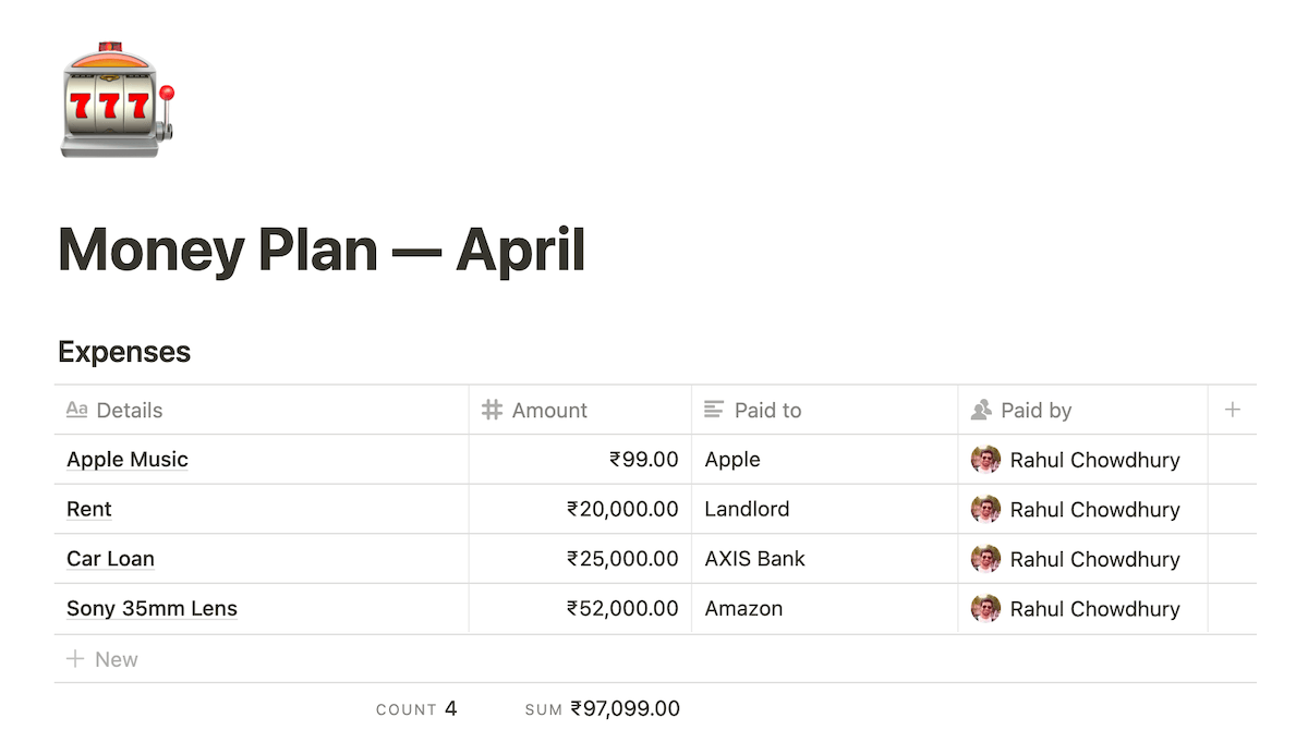 An example expenses table in Notion.