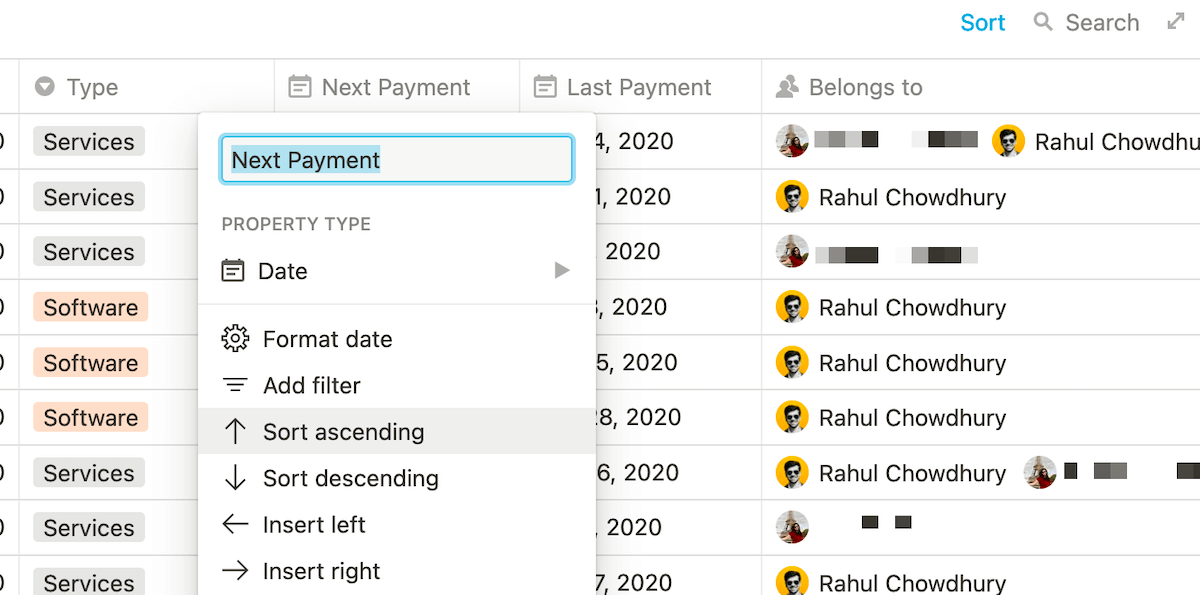 Sort dates ascending in Notion.