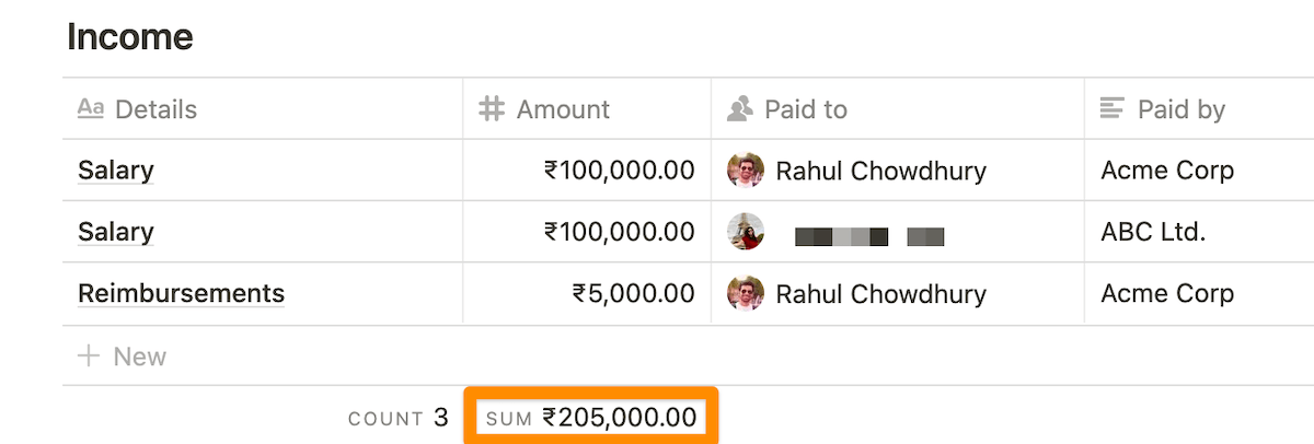 Calculating the total income for next month using Notion's sum option.