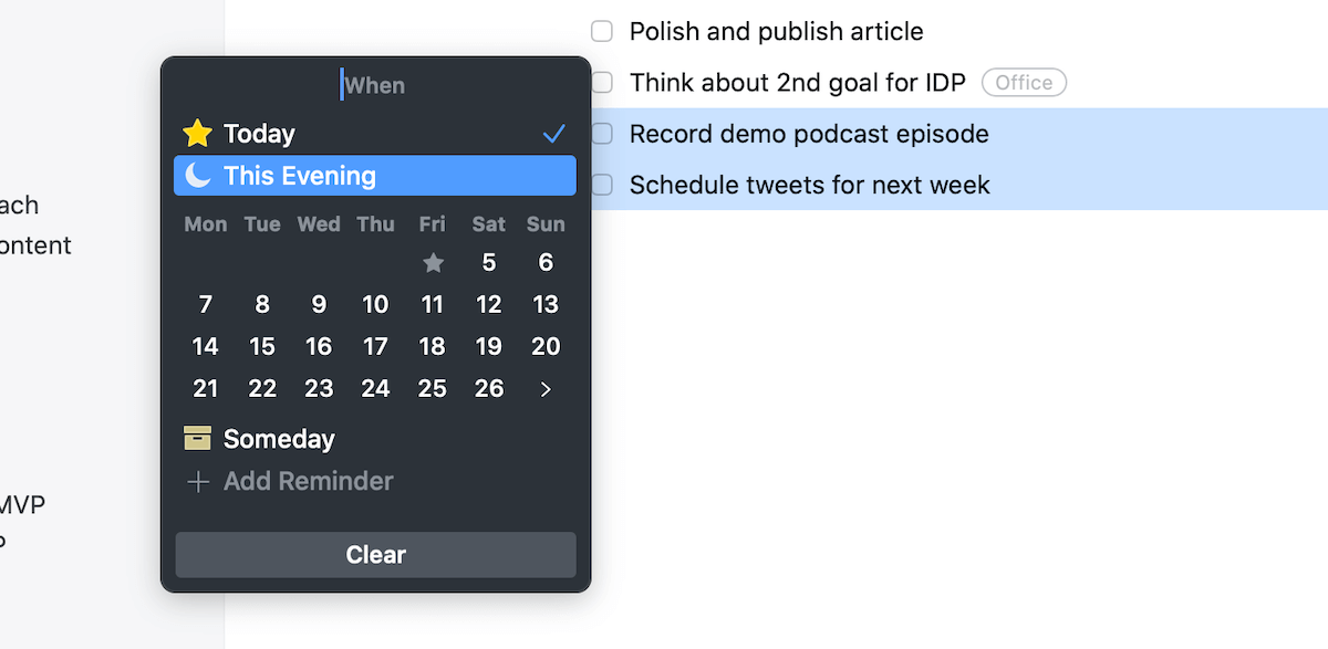 Scheduling tasks for evening in Things 3.