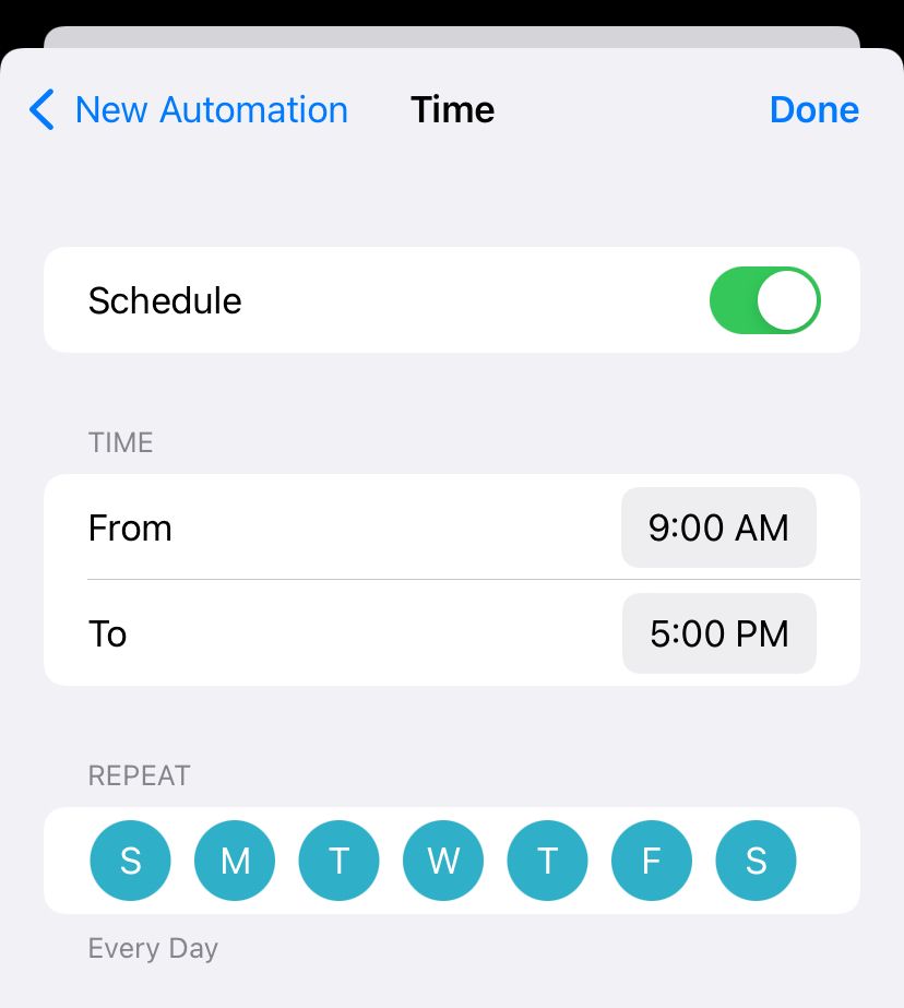 Setting up a time-based automation for Focus modes.