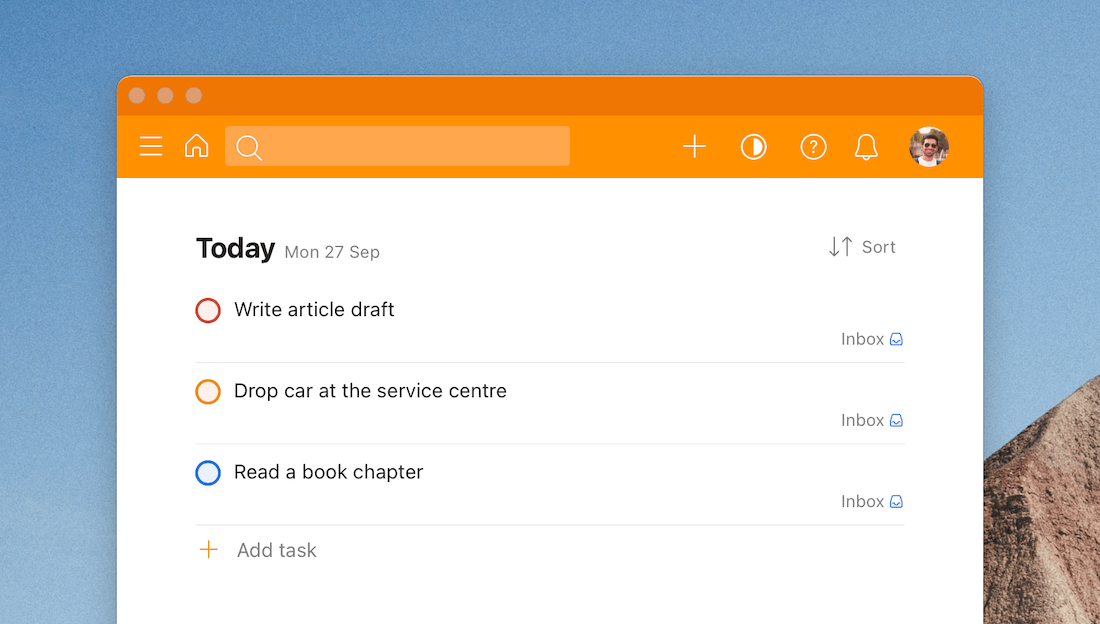 Tasks with sorted priorities in Todoist.
