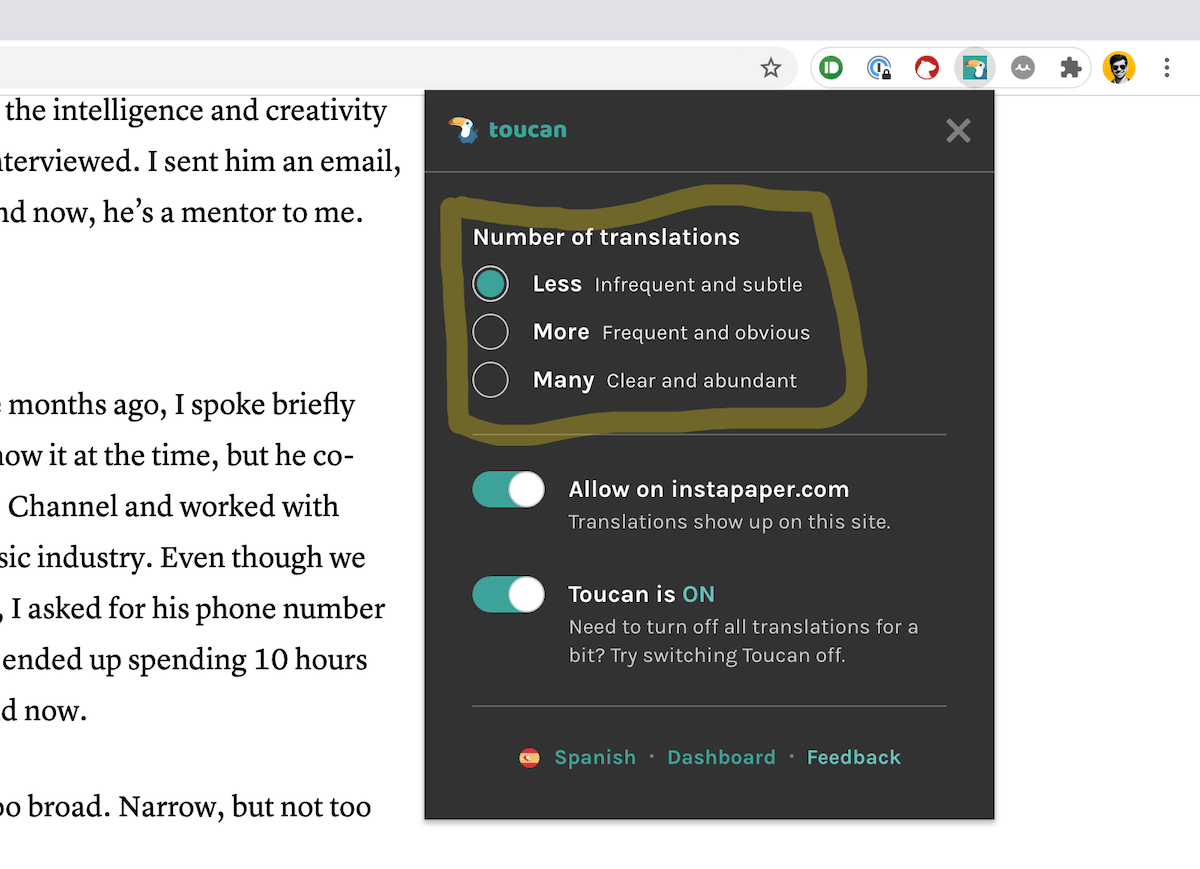 Choosing a translation density in Toucan.