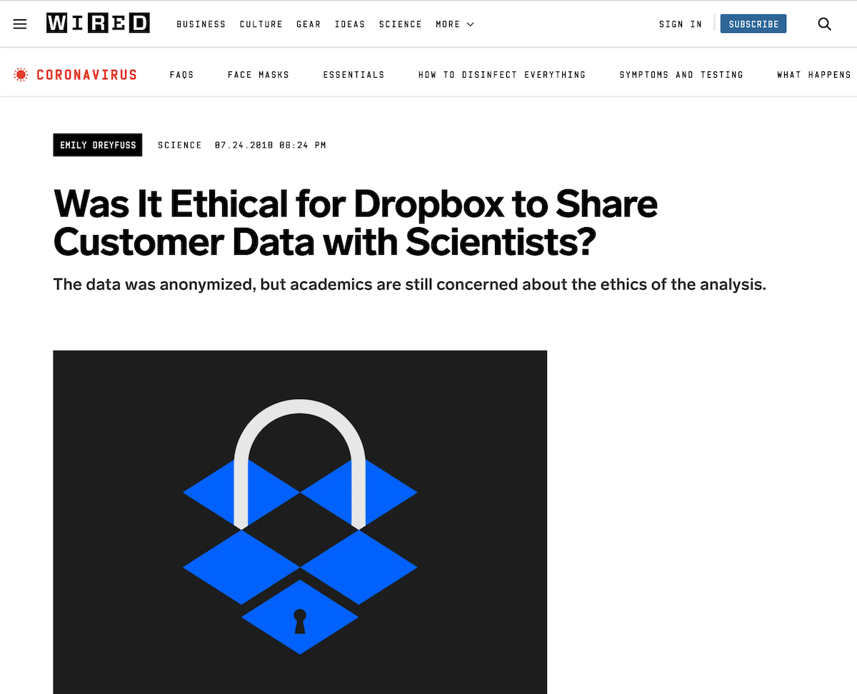 WIRED reported that Dropbox shared user information with researchers.